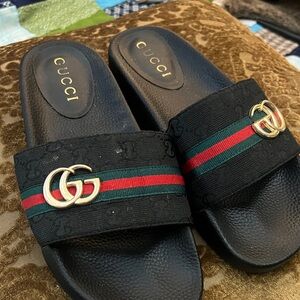 Gucci Black Slides with Red and Green Accents